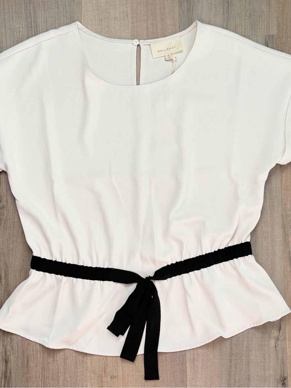 MELLODAY Peplum Business Casual Work Women’s Blouse Cream with Black Tie Waist